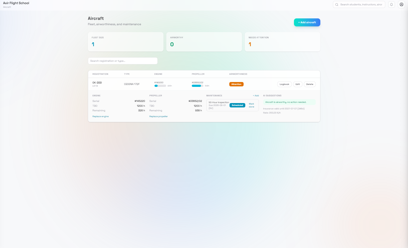 FlightDesk AI aircraft record with engine and propeller hours, maintenance schedule