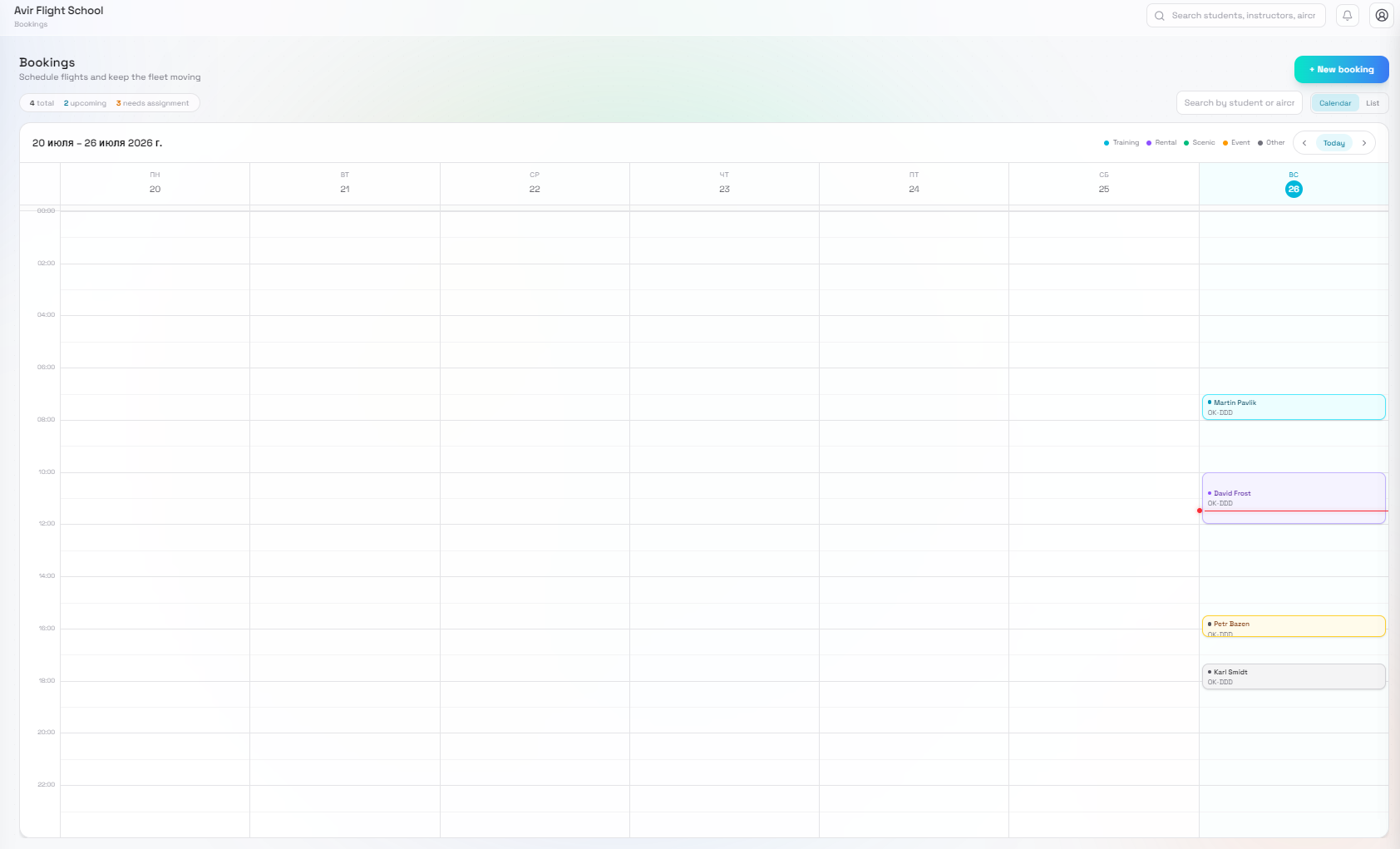 FlightDesk AI weekly booking calendar, color-coded by flight type