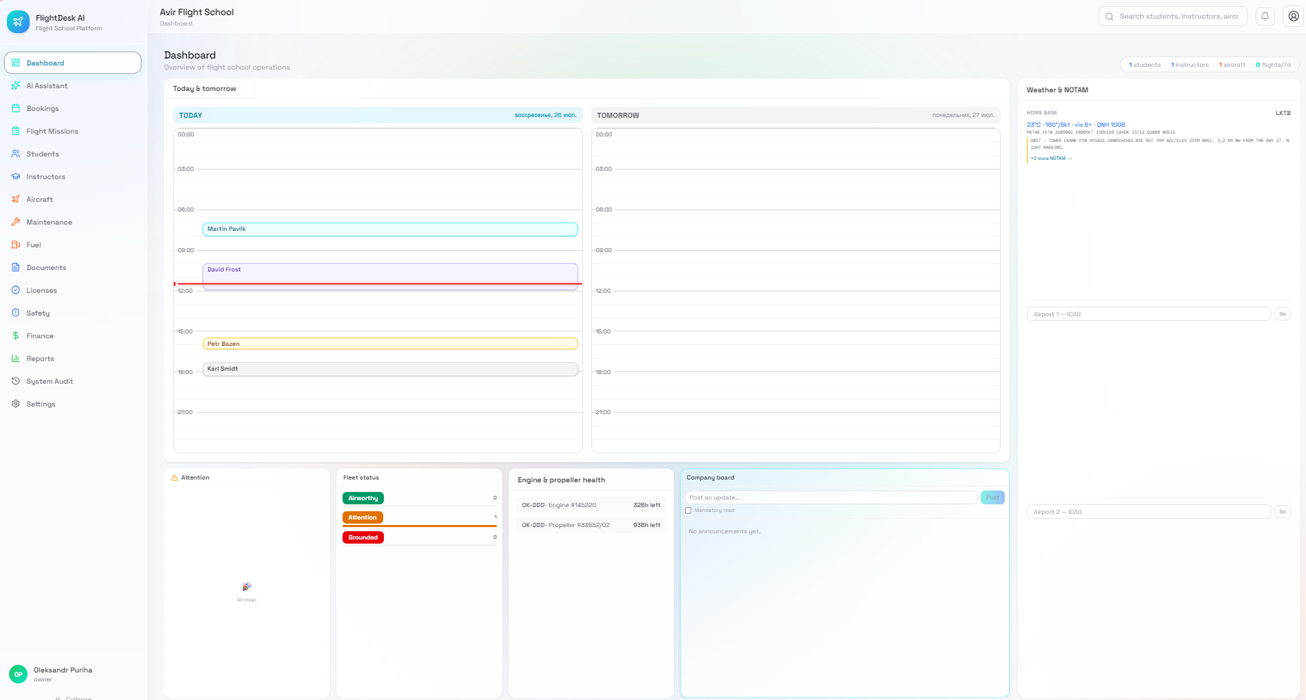 FlightDesk AI dashboard showing today's schedule, weather, fleet status, and alerts